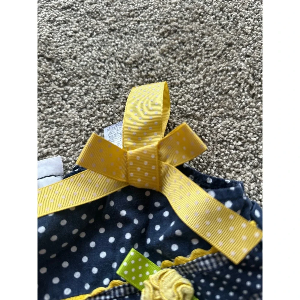 Blueberi Boulevard Navy Polka Dot Dress Yellow Ribbon Bows Rosettes Kids 12M